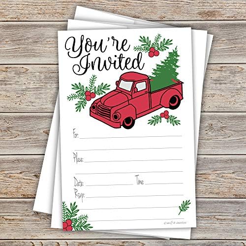 Покани за Божиќна Забава-Гроздобер Црвен Камион Со Дрво-Комплет Од 20 Покани за Одмор со Пликови