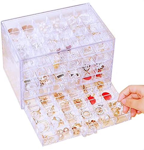 Акрилна кутија за накит со 5 фиоки, 120 прегради транспарентна кутија за складирање, транспарентен дисплеј штанд за обетки, ѓердани,