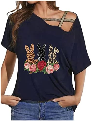 Симпатична графичка маица за зајаци за жени надвор од рамото кратки ракави врвни летни лабави маички врв