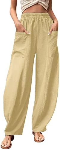 Женски памучни постелнини долги панталони опуштени вклопени цврста боја права панталони Еластични половини се протегаат широки панталони