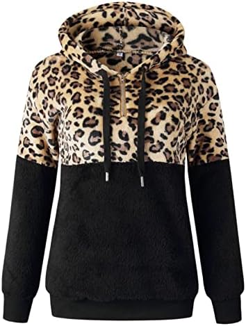 Ујујун женски нејасни руно дуксери1/4 поштенски палто faux крзно топло зимски пулвер џемпери за облека од леопард јакни шари