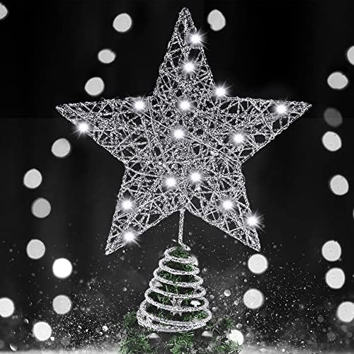 Сјај, Осветлен Топер За Новогодишна Ѕвезда-8 Инчи, Топер За Новогодишна Елка Со Сребрена Ѕвезда | Украс За Новогодишна Елка За