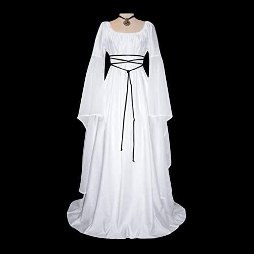 Liangtuohai макси фустан за жени средновековен ретро готски фустан со долги ракави чипка до козмејска вечер забава матурска фустан Д2 бела