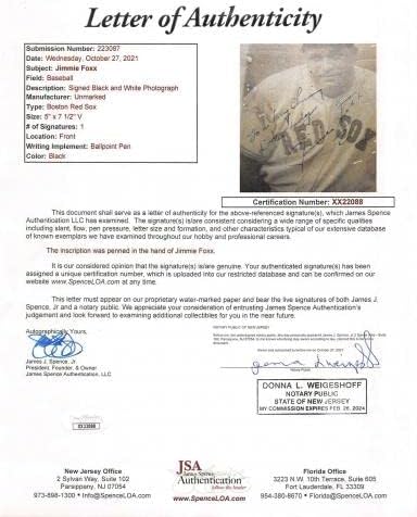 Red Sox Jimmie Foxx потпиша B & W 5x7.5 Фото автограмирана JSA xx22088 - Автограмирани фотографии од MLB