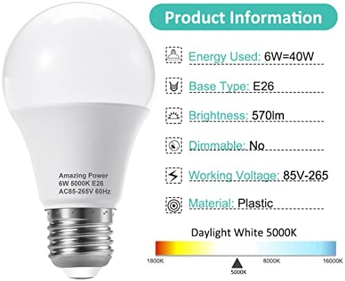 Неверојатна моќност Е26 LED Сијалица, 40w Еквивалентна Средна База Сијалица, Не-Затемнета, Дневна Светлина Бела 5000K, 6W Светло БЕЛИ LED Светилки