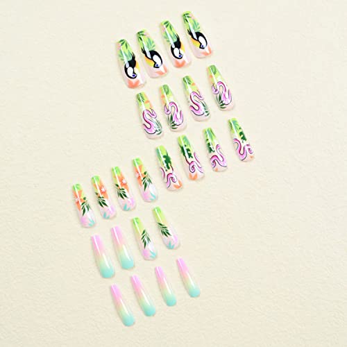 Долг Ковчег Притиснете На Ноктите Пролет Лажни Нокти Со Лепак За Нокти Портокал Цвет Лажни Нокти Со Графити Розова Змија Птица Дизајни Зелен