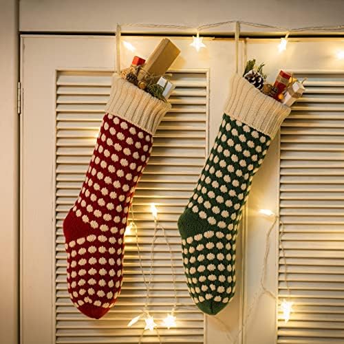 Бејгсван 18 Плетени Божиќни чорапи, украсување на капчиња за Божиќ, сет од 2, зелена и црвена боја