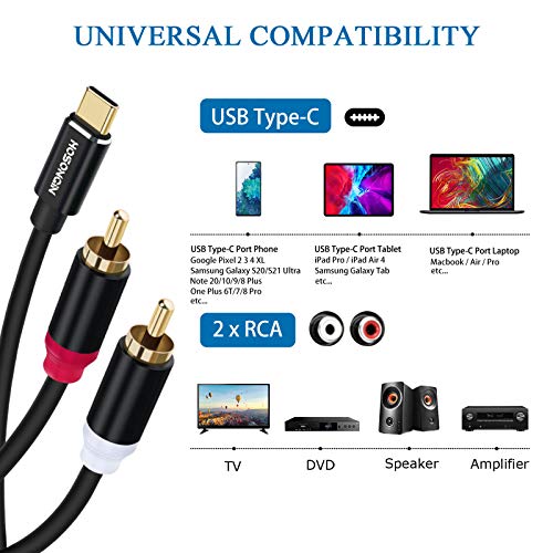 HOSONGIN USB C до 2 машки RCA аудио стерео кабел 6 стапки, USB тип Ц до 2 -машки RCA адаптер Аудио стерео кабел - 6 нога