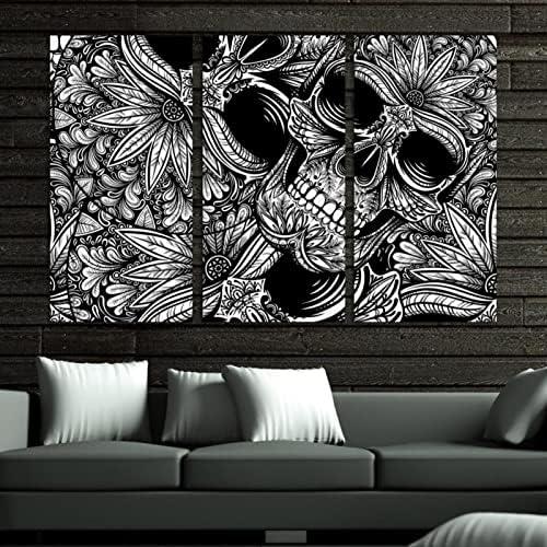 Wallидна уметност за дневна соба, црно -бел череп цветни цвеќиња образец врамени декоративни масло за сликање поставени декоративни