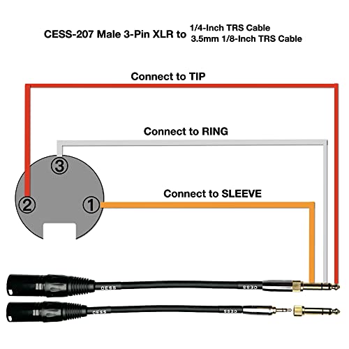 CESS-207-3F машки 3-пински XLR до 3,5 mm + 6,35 mm TRS аудио кабел, 2 сетови