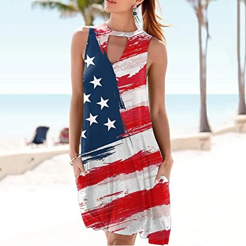 4 јули Фустан За Жени Летен Секојдневен Фустан На Плажа Американско Знаме Клучалка Без Ракави О-Врат Ѕвезди Ленти Сарафани