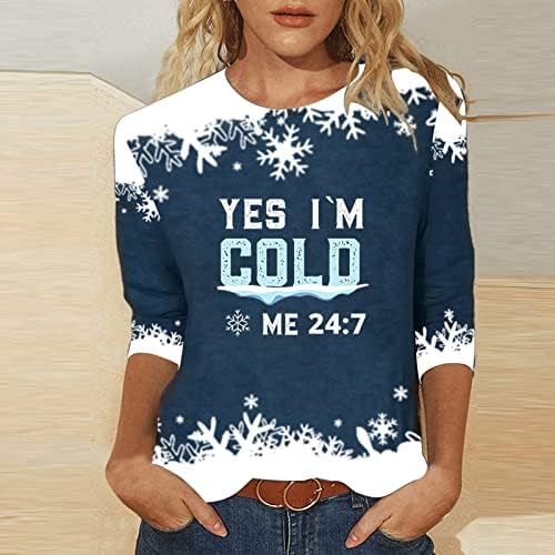 Божиќна маичка за жени Да, јас сум ладно мене 24: 7 снегулка печати џемпер женски обични врвови со долги ракави на врвовите