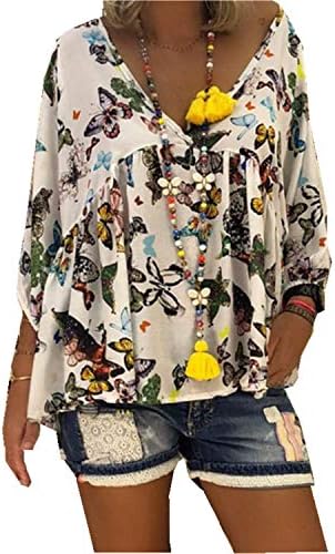 Andongnywellенски обичен печатен цветник цвет V вратот лабав ракав стилски врвови блузи кошули шифон кошула