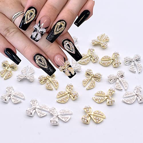 LIFOOST 20PCS 3D Bow Nail Charms Carms Alloy Bow со бели бисери Дизајн на нокти уметнички декорации и налепници за жени девојки DIY украси