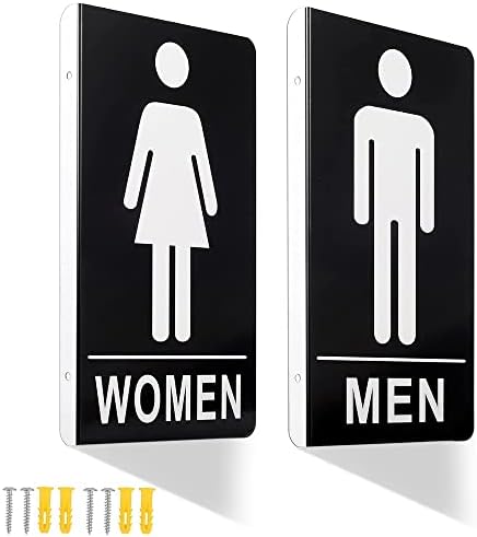 Кичвит двострани знаци за тоалети за мажи и жени, алуминиумски знаци за бања за дом и канцеларија, 10,2 х 5,8 инчи, црно