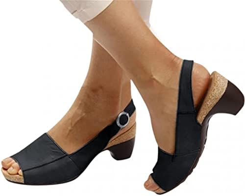 Ајомет клин чевли за жени сандали, сандали женски гроздобер блок потпетици чевли удобни пета сандали отворени прерамки за глуждот