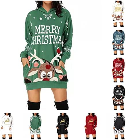 Женски грди Божиќни дуксери фустани модни Божиќни печати џемпер со долги ракави кошули со качулка со џеб