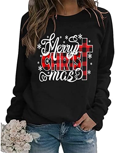 Среќна Божиќна маичка, жени Исус Крст Графички кошула Бафало карирана печатена печатена Божиќна пуловер Обични врвови со долг ракав