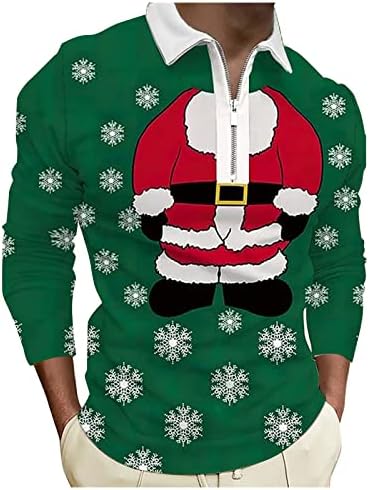 Junge Смешни божиќни кошули Машки долги ракави Полои Кошули патент Тенок фит печатени врвови за голф на отворено обичен одмор