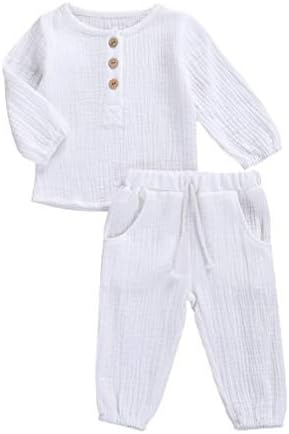 Karuedoo Toddler бебе момче памучно постелнина панталони постави цврста маица со долги ракави, врвна влечкана еластична половината панталони