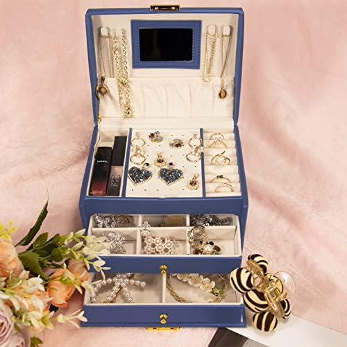 Кутија за накит, факс кожен организатор за накит кутија со 2 фиоки, кутија за складирање на накит со средна големина, преносен пат за