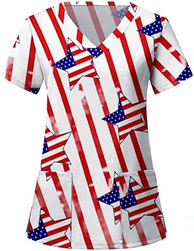 4 јули Маица За Жени Американско Знаме Летна Маица Со Кратки Ракави Со Врат Со 2 Џебови Блузи Празнична Секојдневна Работна Облека