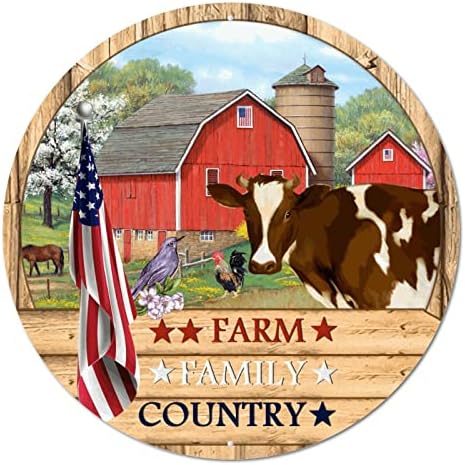 Тркалезен метален знак Плакета рустикално дрво жито фарма семејство земја патриотска американска знаме и фарми животни гроздобер венец знак
