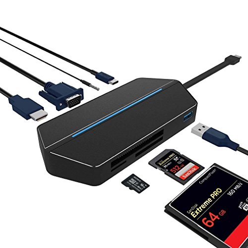 Adapter Type C Hub USB C Hub 8 во 1 со порта за полнење од типот C, HDMI/VGA излез, SD/Microsd/CF картички читач, USB 3.0 порти за MacBook Pro