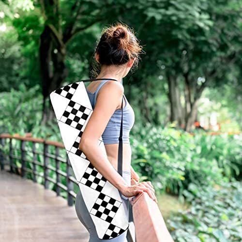 Носач на торби за јога со прилагодлива лента за рамо, вежбање јога мат торба за жени мажи црно бело повторување геометриски квадратни шема