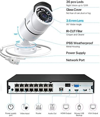 Zosi 16ch 4K POE Систем за безбедност на домашни камери, H.265+ 8MP 16 канален CCTV NVR со 4TB HDD за 24-7 снимање, 9 парчиња жични 5MP