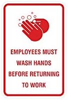 Знаци на портрет на портрет, вработените мораат да ги мијат рацете пред да се вратат на работен знак со лепила лента, да се