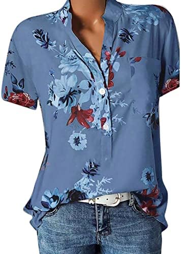 Летни кошули за жени со краток ракав лабав вклопување S-5XL цветни трендовски обични копчиња надолу v на врвовите на вратот маици маици