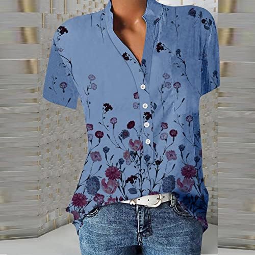 Врво на тренингот за жени летно копче надолу кошули V вратот Цветниот печати лабави маици со џебови каузални облеки на блузи