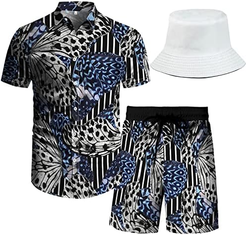 Облека за плажа Рповиг, кој одговара на кошули шорцеви машки хавајски фестивал цветни облеки 2 парчиња сетови со капа за корпи