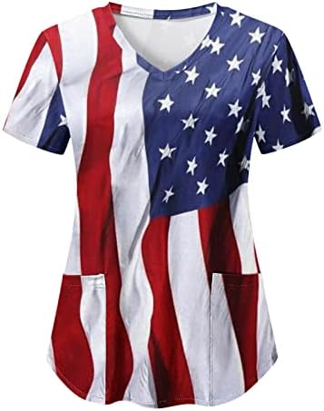 4 јули Блузи За Жени Знаме На Сад Летен Краток Ракав В Маица За Вратот со 2 Џебови Блузи Празнична Секојдневна Работна Облека