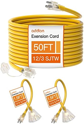 50ft 12/3 Отворен кабел за продолжување со 2 пакувања 1,5 стапки Сплитер на кабелот 12 мерач SJTW тешка водоотпорна жолта 3 prong за градина дома