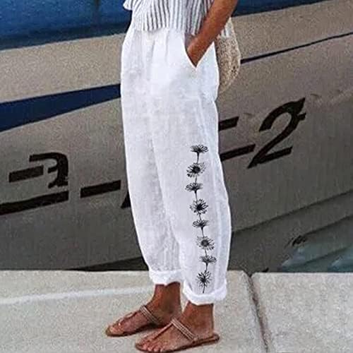Annhoo жени со права нога панталони печати лабава фит панталони постелнини летни панталони 2023 мека удобна облека 57