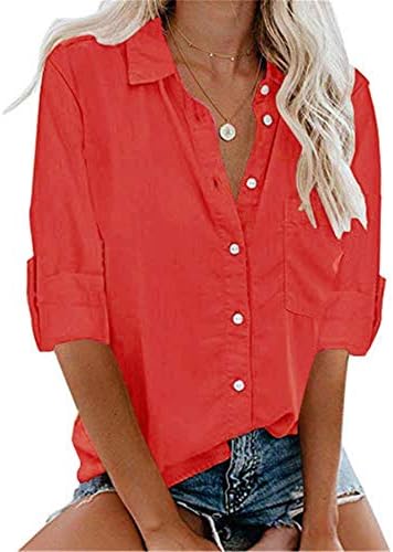 Andongnywell женски кошули со кратки ракави v копче за вратот надолу со врвовите на кошулата со џебови кошули со блузи Туника