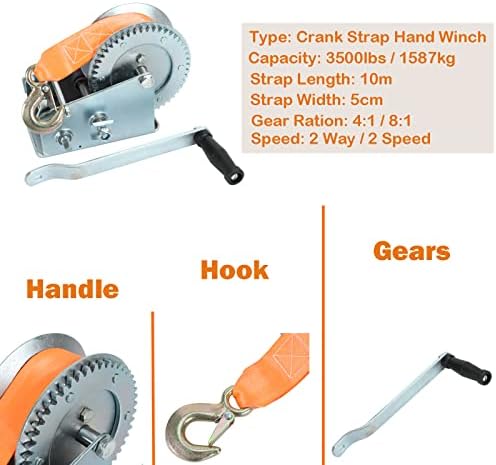 SOVAGH 3500LBS DUAL GEAR 2 GEAR HAND HAND WINCH HAND CRANK Polyeste Strap Winch Fit for ATV RV Boat Trailer Trailer Trailer Trailer