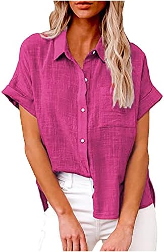 Womenените со краток ракав Постелнина памук длабоко V Turtleneck копче за вратот надолу на маичка блуза блуза за девојчиња 6n