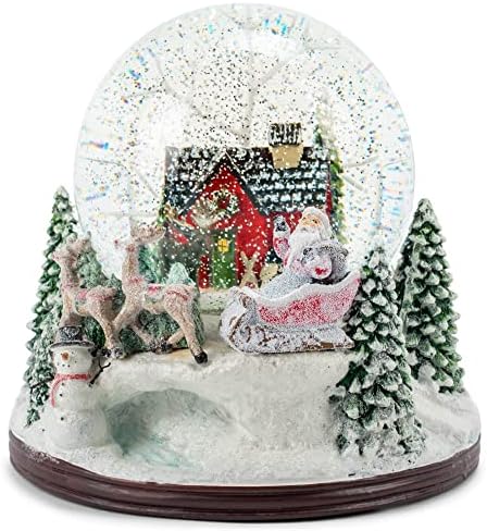 Raz Увоз 4200760 Куќа со Дедо Мраз и санки музички осветлен вртливиот сјај воден свет, висина од 6,5 инчи, смола и стакло