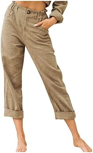 Каузални постелнини панталони за жени 2023 истегнете директно лето еластично еластично панталони лесни удобни панталони со џеб