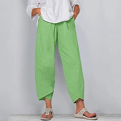 Yubnlvae панталони за жени со висока половината еластична лабава памучна постелнина панталони со џебови цврсти трендовски обични панталони