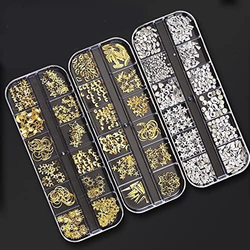 12 -рид/кутија метални занитки за украсување на ноктите за украсување, микс бисер Rhinestone Gems 3D златни сребрени столпчиња
