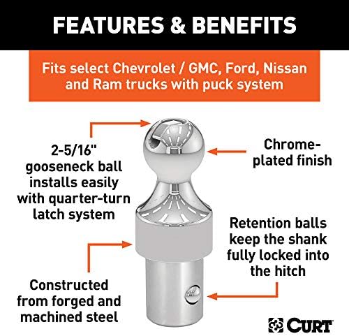 Curt 60629 30K фабрички стил 2-5/16-инчен Gooseck топка, се вклопува во избраниот Chevrolet Ford, GMC, Nissan Titan XD, RAM меморија, потребен