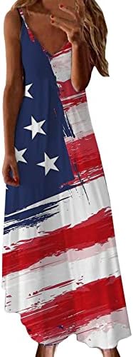 4 -ти јули лизгачки фустани за жени Денот на независноста на знамето Обичен лабав V вратот без ракави макси долги Starвездени ленти