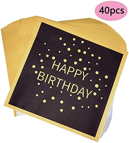 Changcao 40 парчиња Среќен роденден црно -злато хартија салфетки плоштад салфетки за мажи жени жени деца