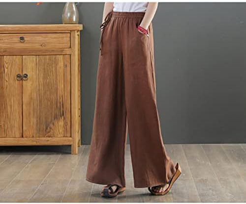 Жени обични памучни постелнини со широки панталони опуштени вклопени меки удобни широки панталони со нозе, кои влегуваат висока половината