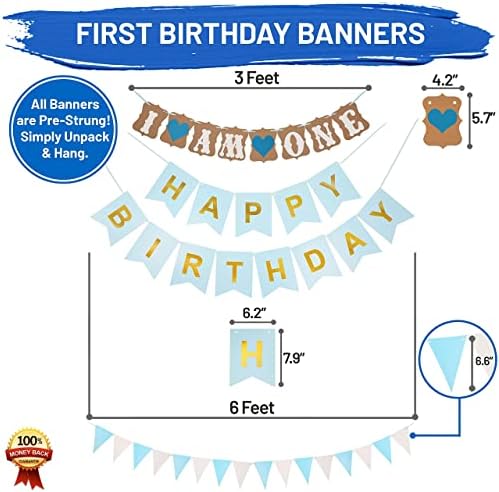 Декорации од 1 роденден за момчиња + една кутии за 1 роденден со 24 балони пакет од забава на забава