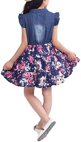 Детска бебе девојчиња лето фустан од распрскувачки ракави на ракави, тексас, спојувачки цветно здолниште фустан со појас